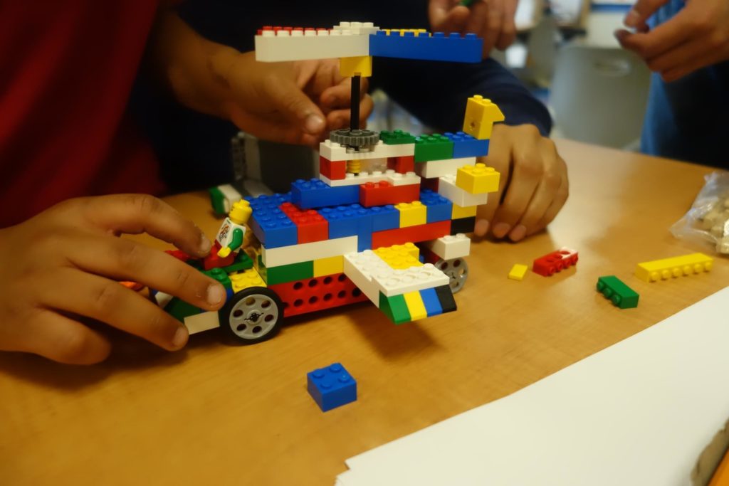 Close up of the lego design a student tutee with the DC STEM program is building.