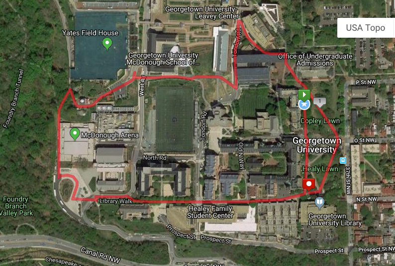 Map of campus that outlines the route for the 5k. Participants will fully circle the campus: diagonally across Healy and Copley lawns, behind White Gravenor, around the Leavey Center onto Tondorf Rd, between the McDonough School of Business and Cooper Field, in front of Yates Field House, behind the McDonough Arena to the bus turnaround, up Library walk, past HFSC to the front of campus and back to Healy lawn.