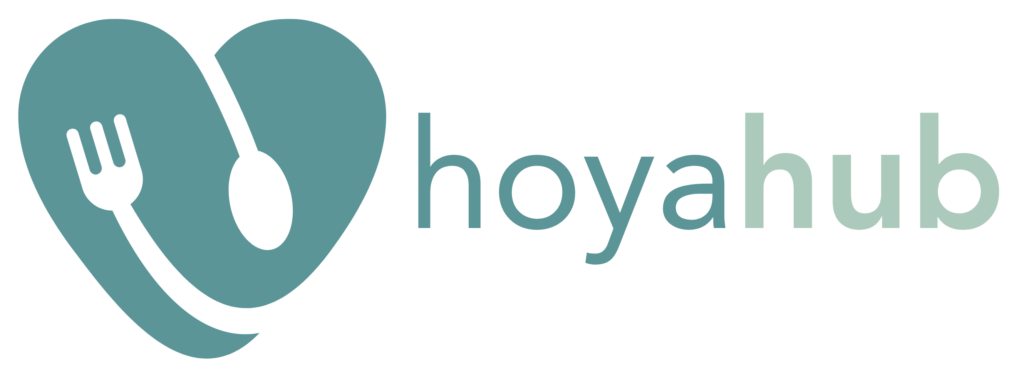 Hoya Hub logo. A heart wrapped with a spoon and fork followed by hoya hub in lowercase font.